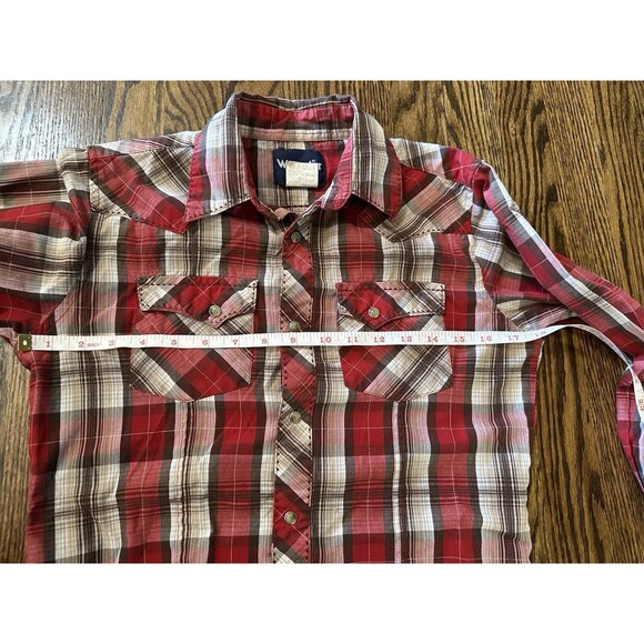Wrangler Boys L Shirt‎ Pearl Snap Red Brown Plaid Western Cowboy Stitched Pocket - Picture 9 of 10
